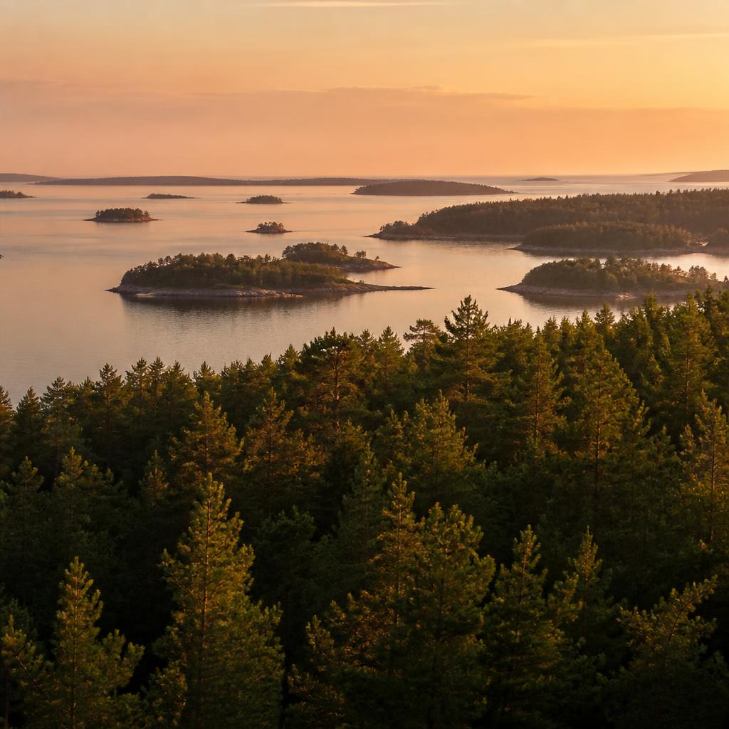 Sunset over a Finnish archipelago, pine forest meeting still water